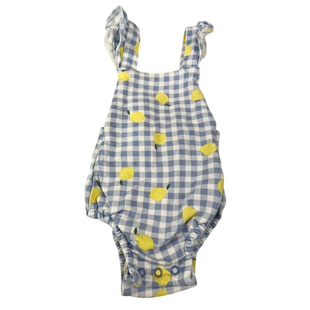 Baby Romper 12M Blue White Gingham Lemon Print Cotton Adjustable Straps Carters